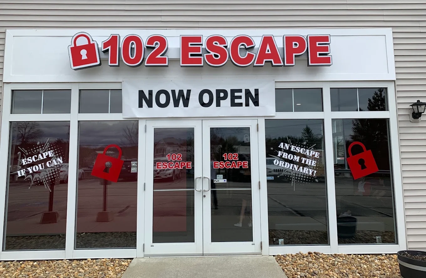 The actual 102 Escape entrance and red signage at 123 Nashua Road in Londonderry, NH